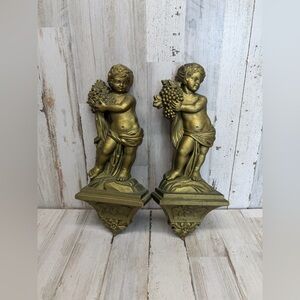 VTG 2 Angel Cherub Wall Plaque Plastic Dart 1969 7139 7140 Flowers Grapes Season